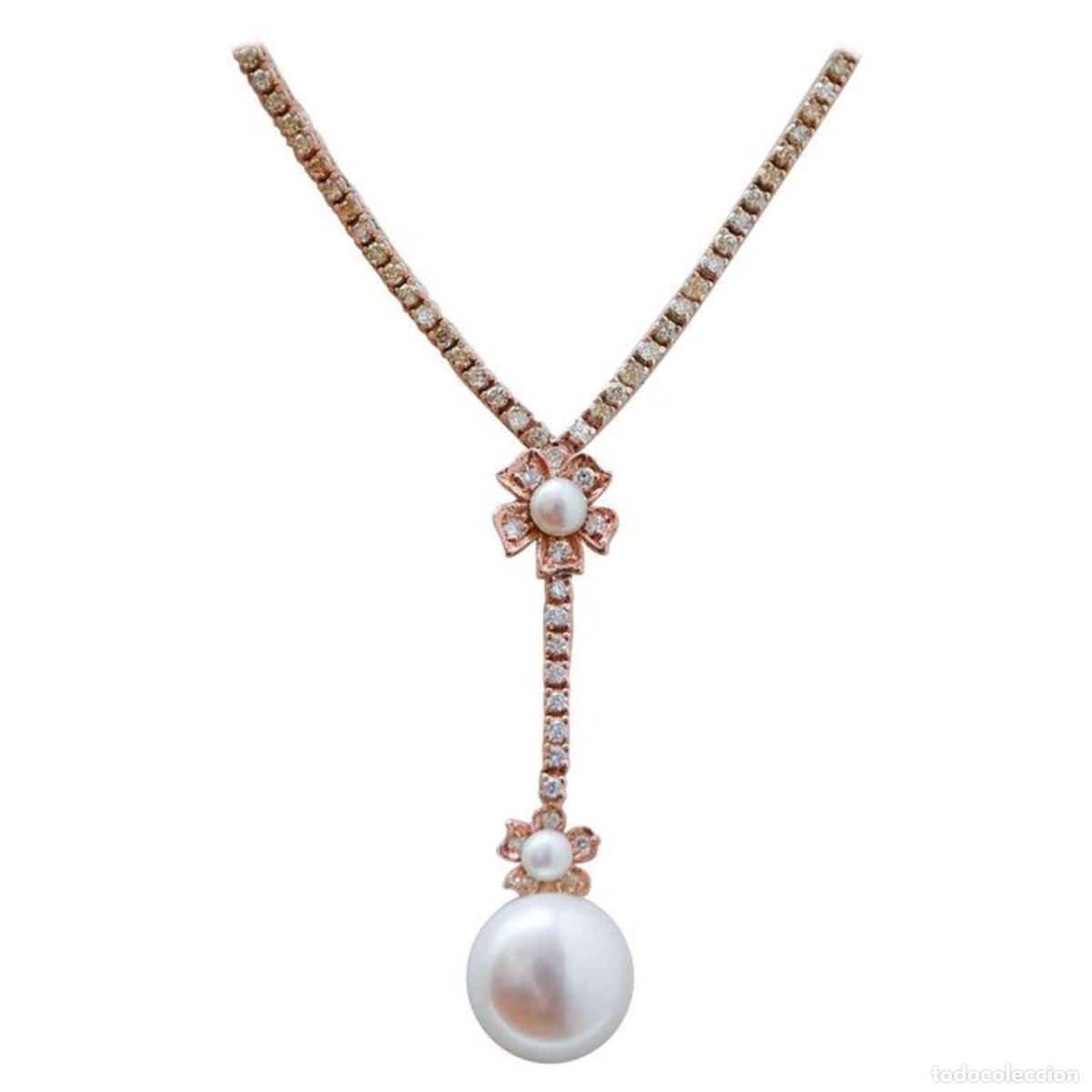 Joyeria: Collar de tenis de perlas, diamantes y oro rosa - Foto 1