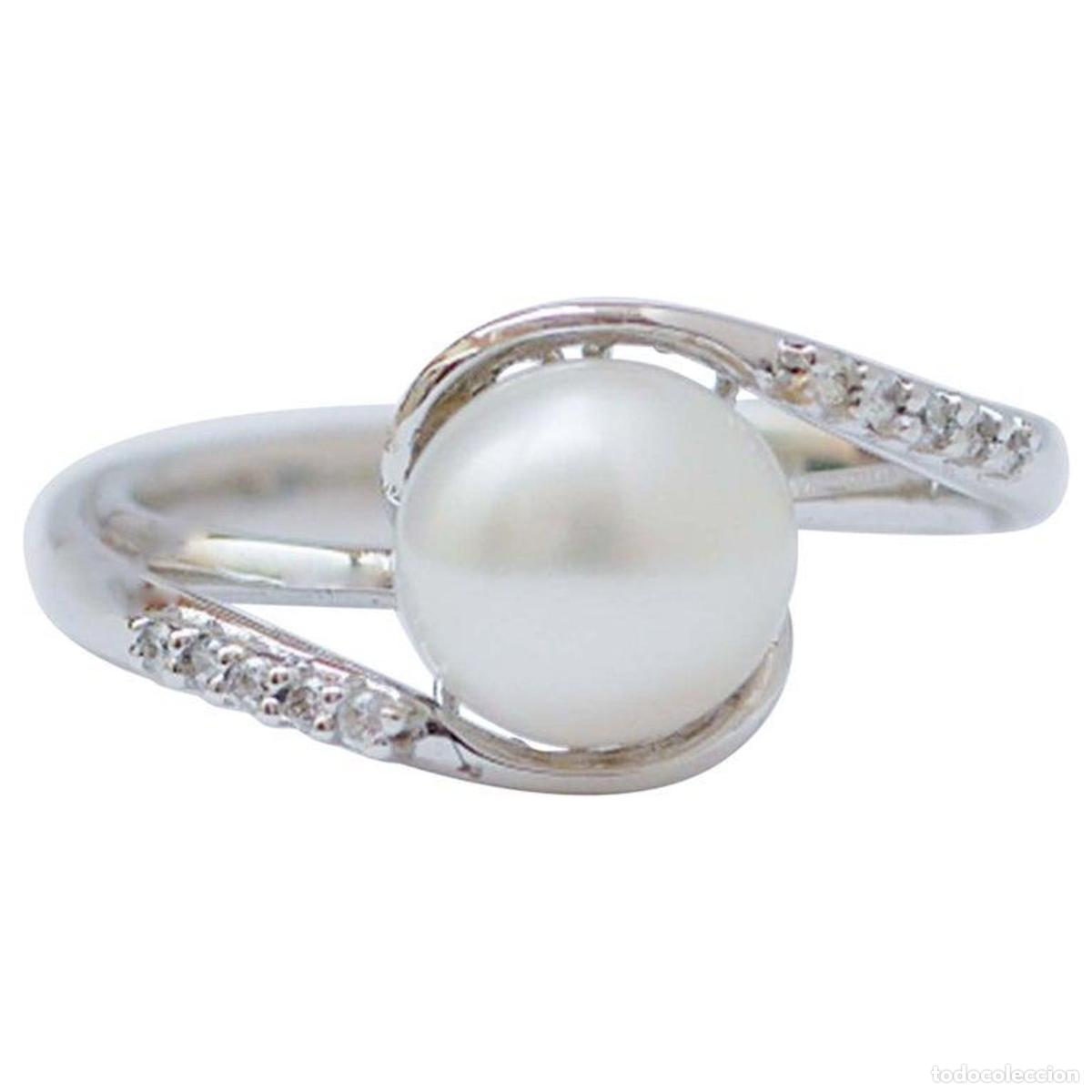 Joyeria: Anillo de oro blanco de 18 quilates con perla y diamantes - Foto 1