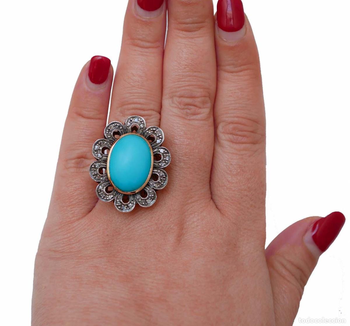 Joyeria: Anillo de turquesa, diamantes, oro rosa y plata - Foto 2