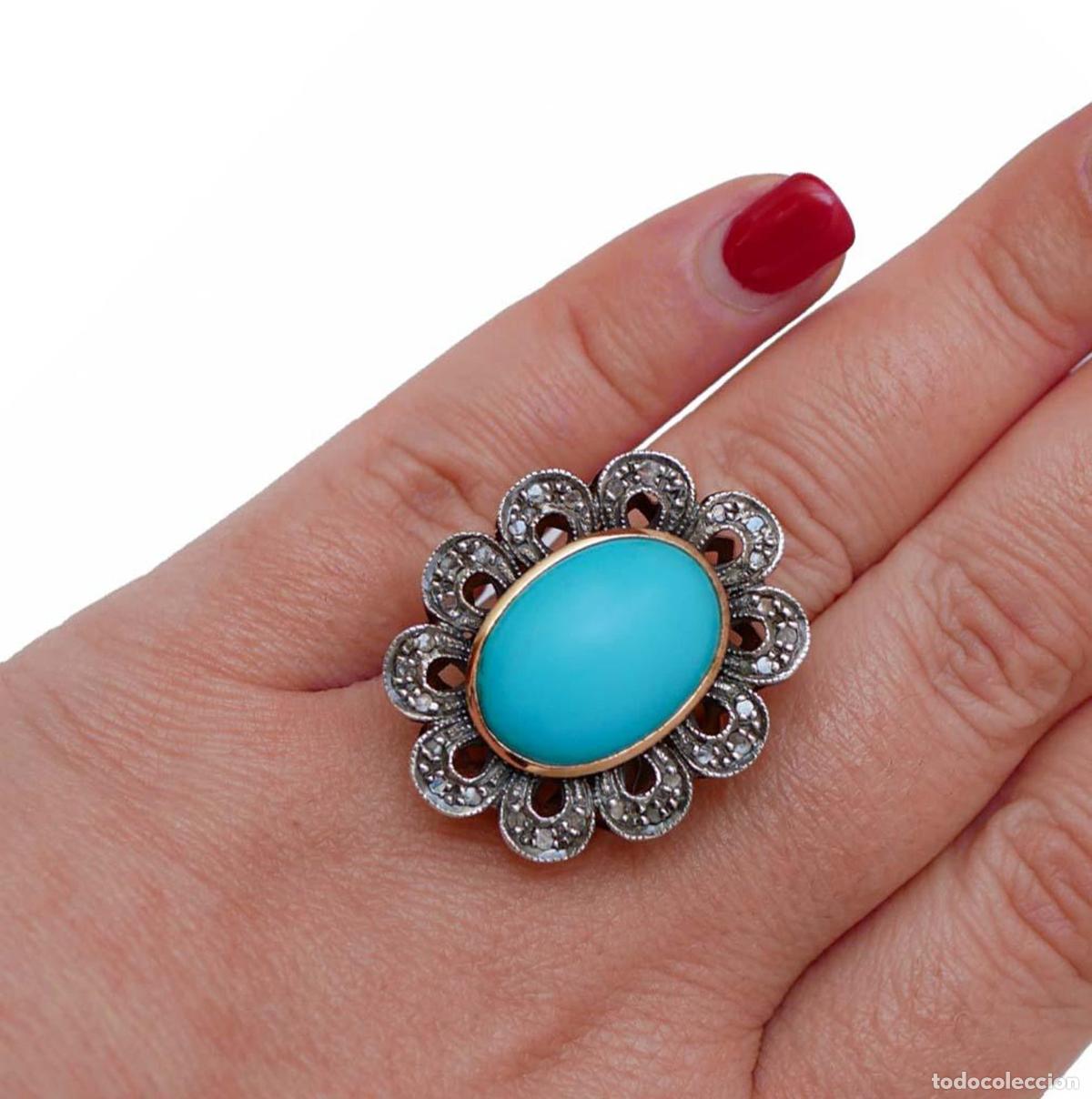 Joyeria: Anillo de turquesa, diamantes, oro rosa y plata - Foto 3