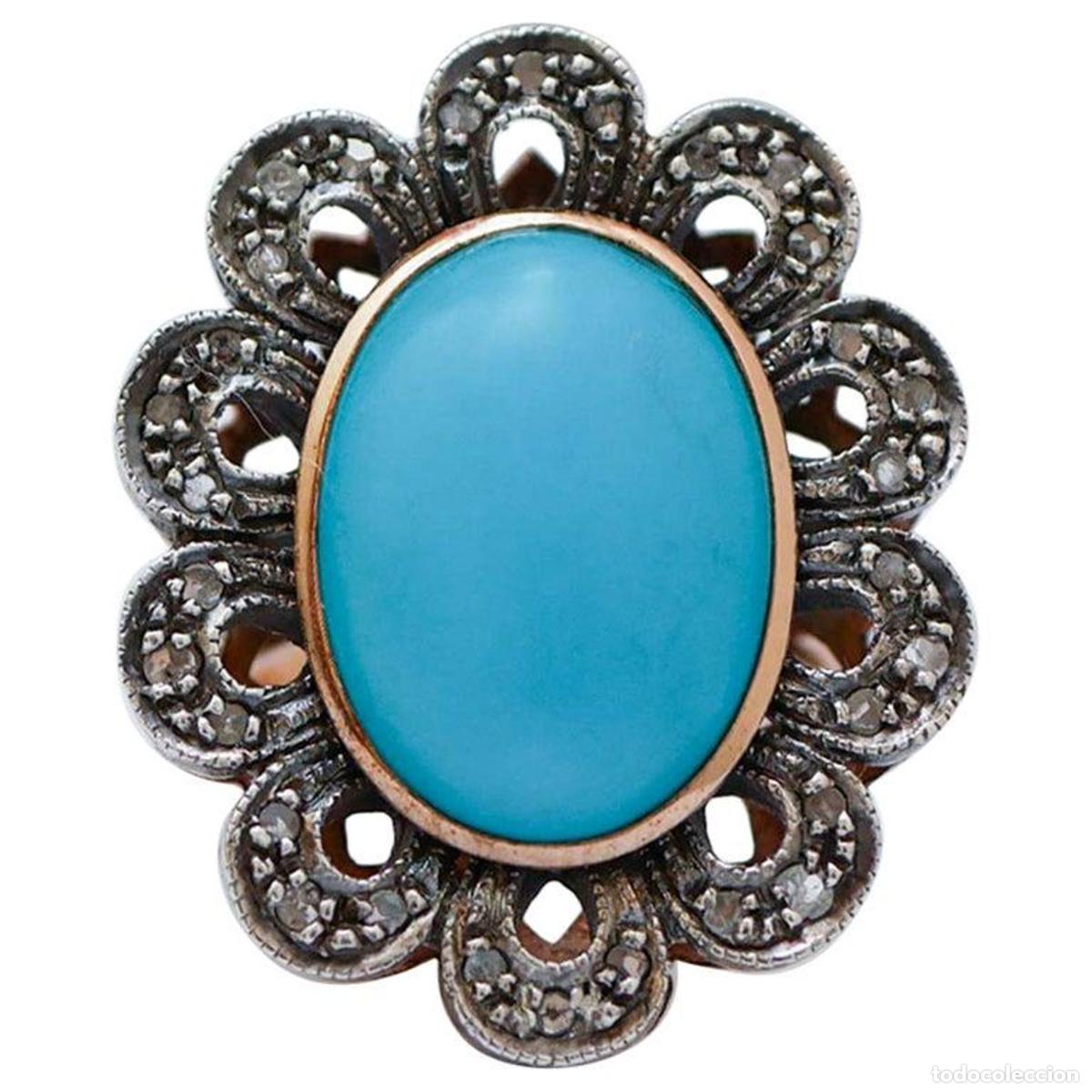 Joyeria: Anillo de turquesa, diamantes, oro rosa y plata - Foto 1