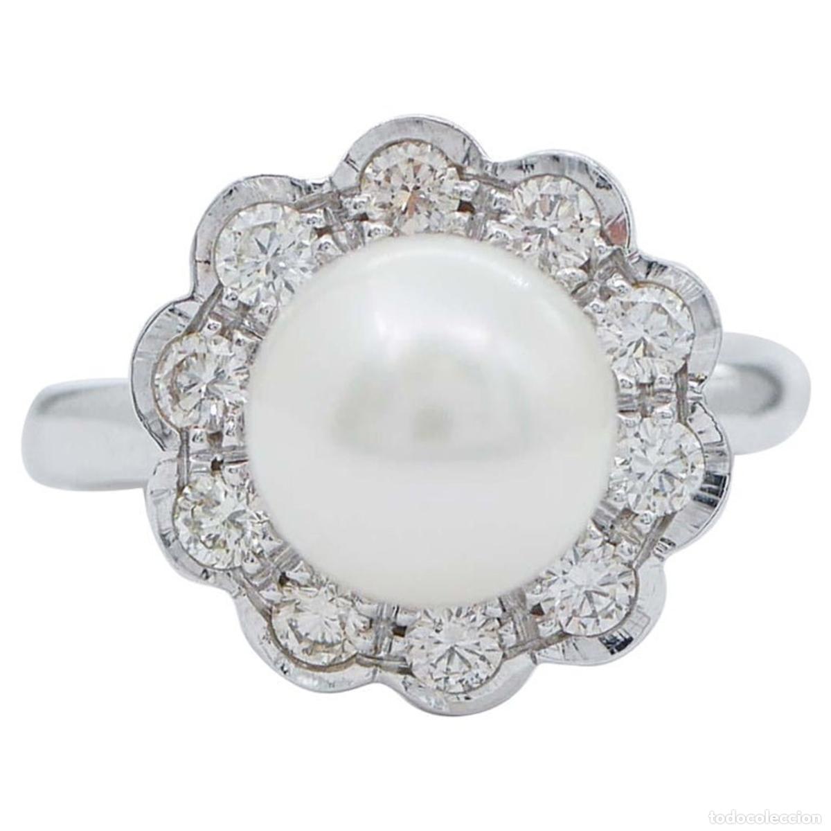 Joyeria: Anillo de oro blanco con perla y diamantes - Foto 1