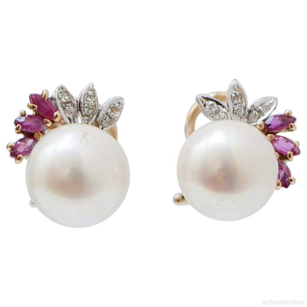 Joyeria: Pendientes de perlas, rub&iacute;es, diamantes y oro rosa - Foto 1