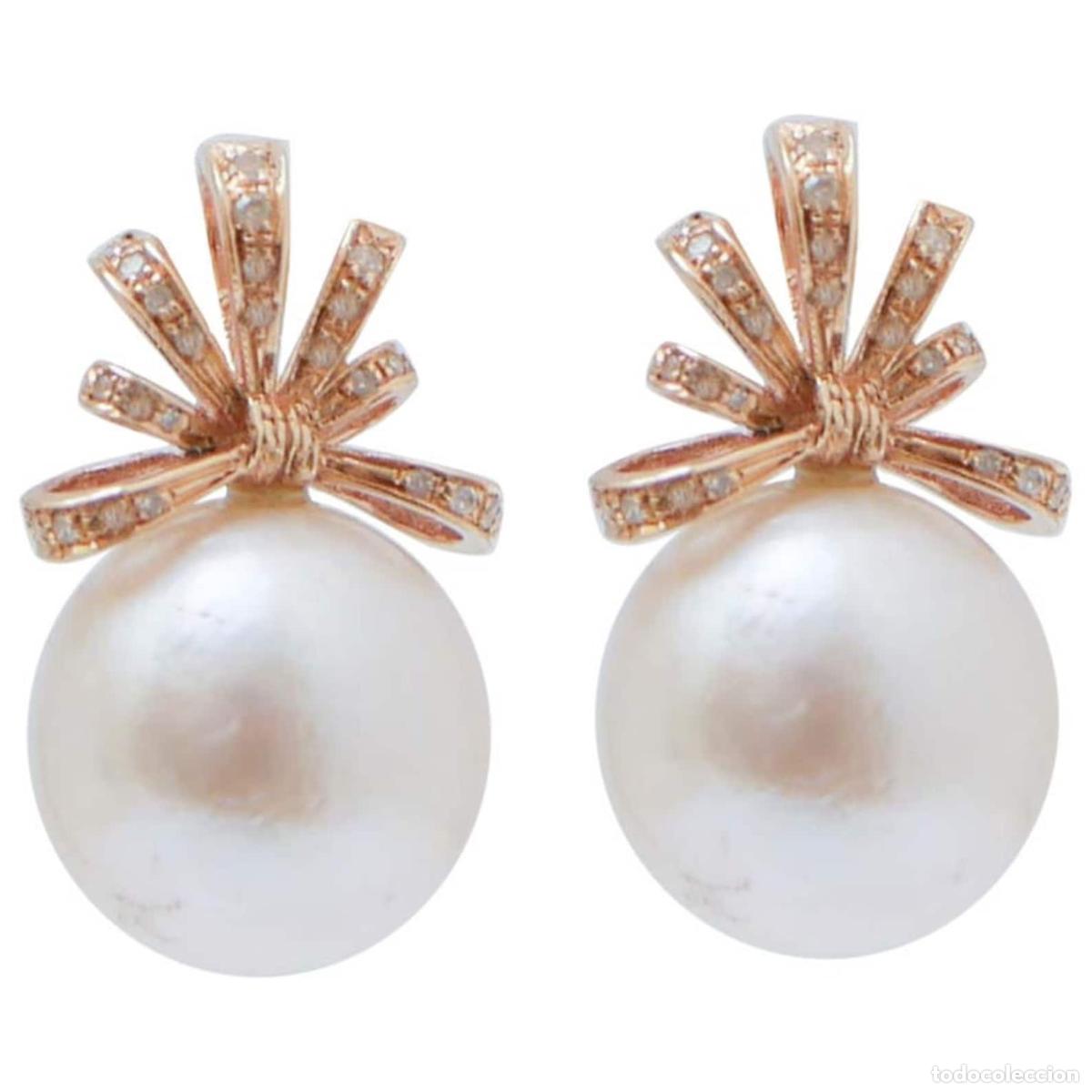 Joyeria: Pendientes de perlas blancas, diamantes y oro rosa - Foto 1