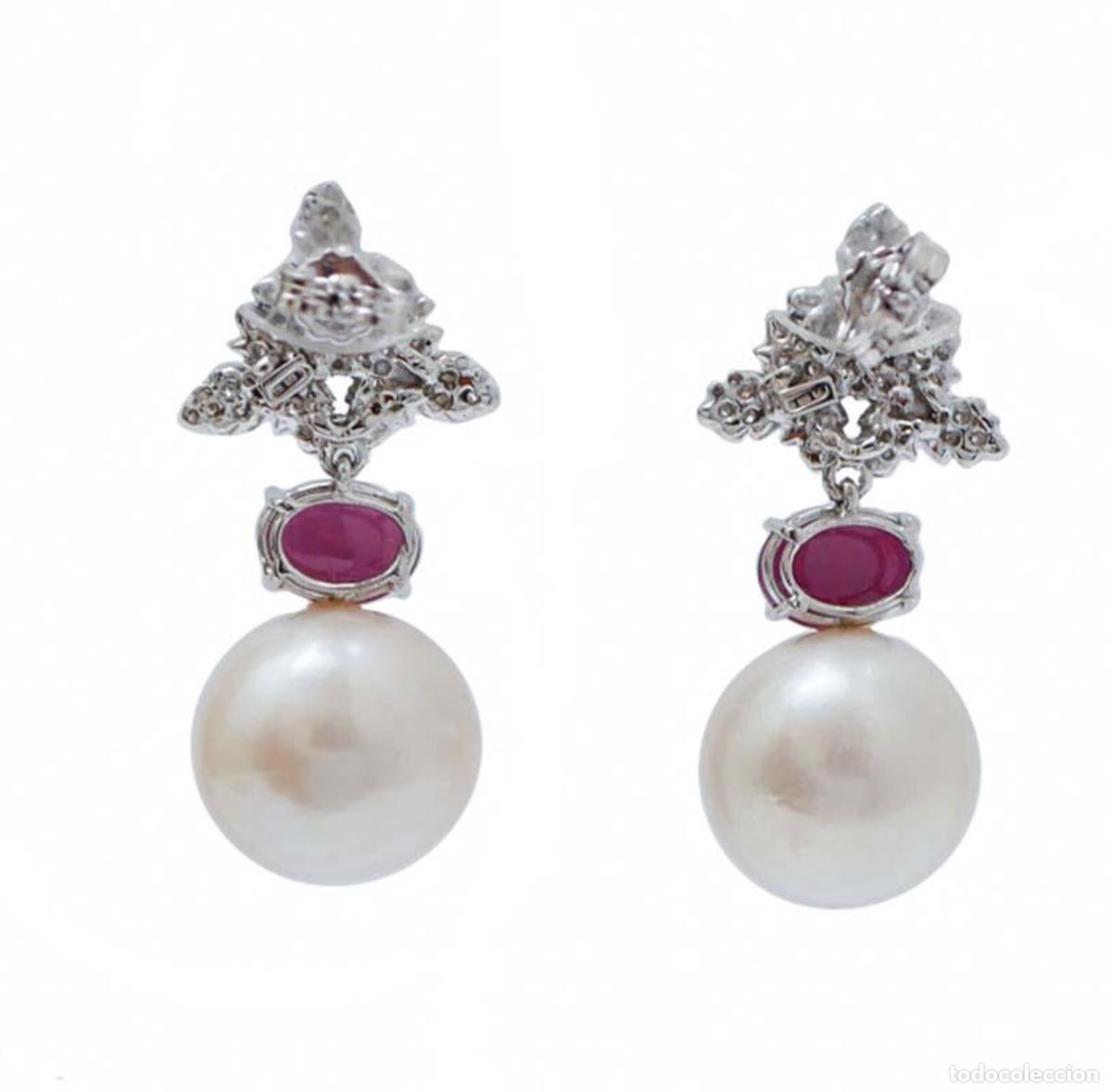 Joyeria: Pendientes de oro blanco con perlas blancas, rub&iacute;es y diamantes - Foto 4