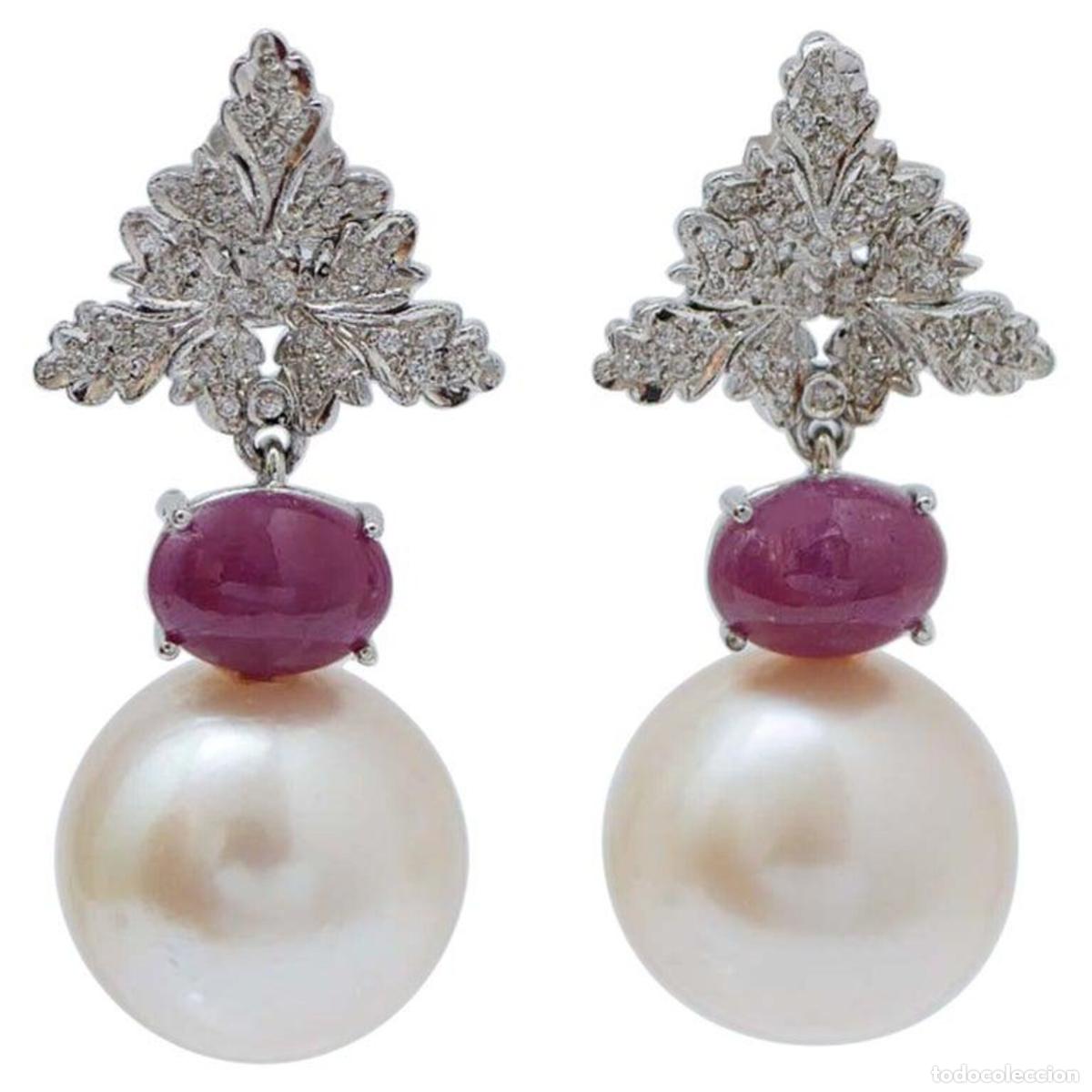 Joyeria: Pendientes de oro blanco con perlas blancas, rub&iacute;es y diamantes - Foto 1