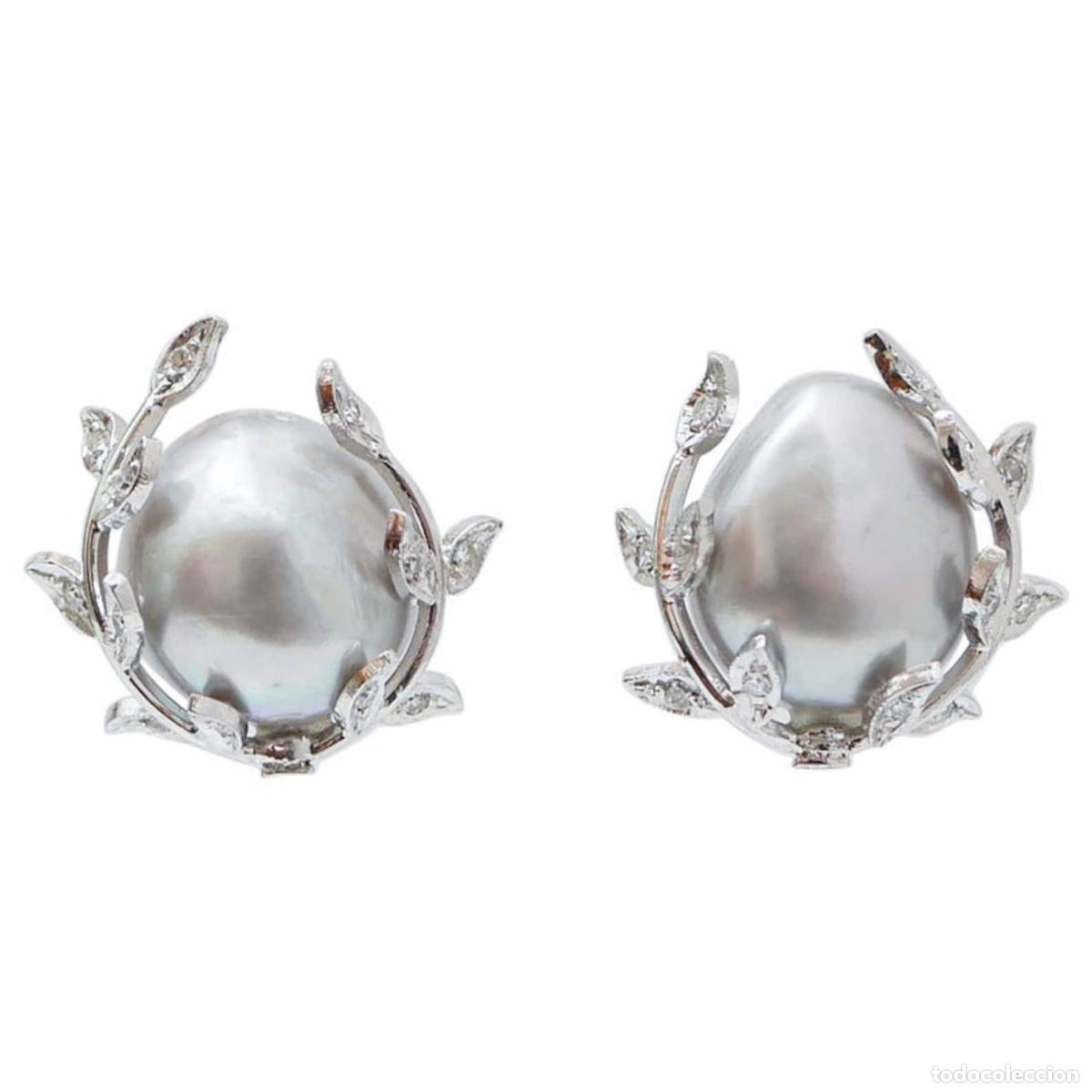 Joyeria: Pendientes de perlas grises, diamantes y platino - Foto 1