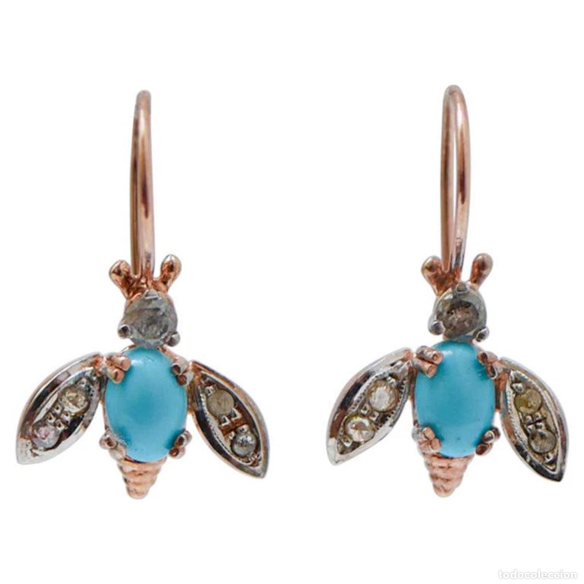 Joyeria: Pendientes de mosca de turquesa, diamantes, oro rosa y plata - Foto 1