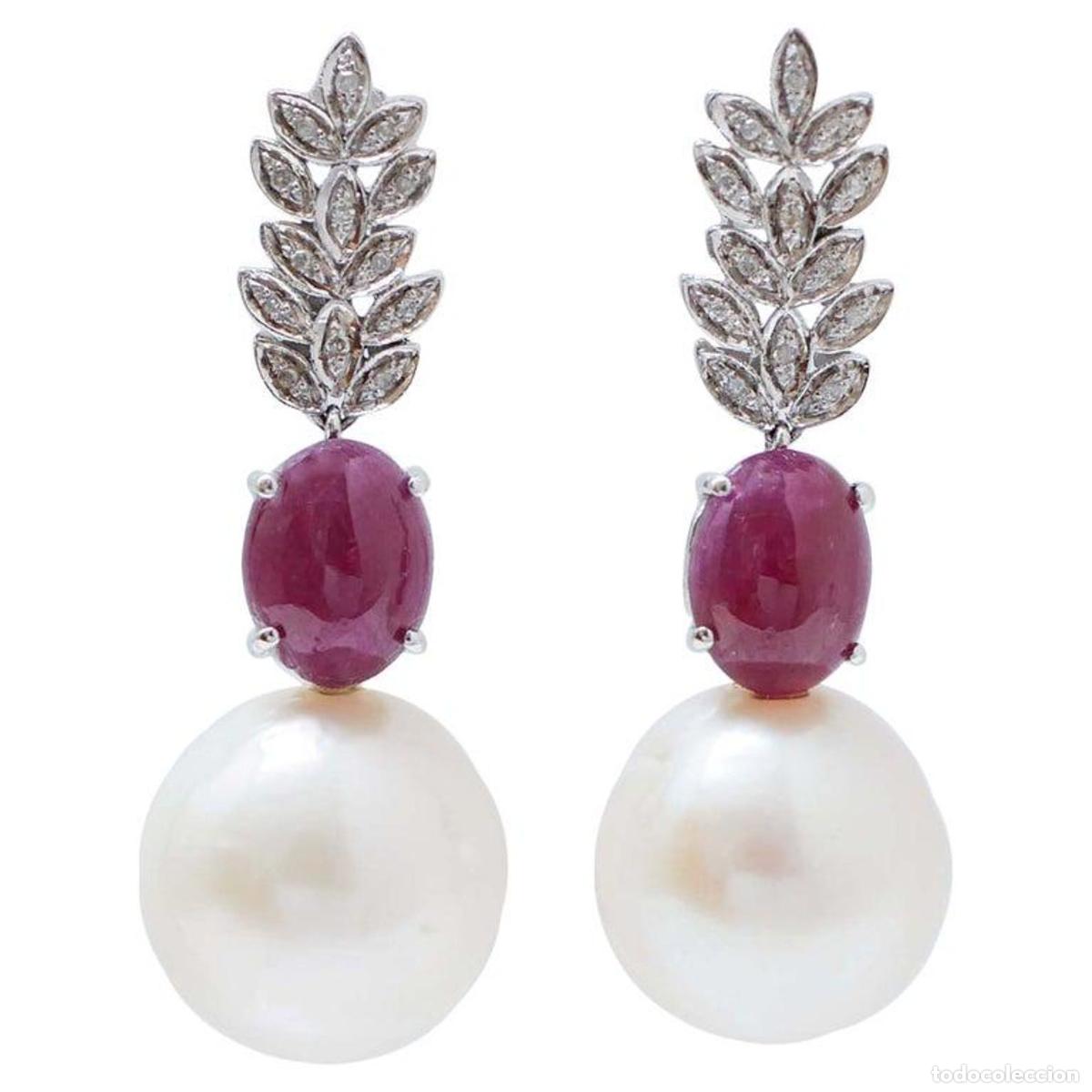 Joyeria: Pendientes de perlas, rub&iacute;es, diamantes y oro blanco - Foto 1