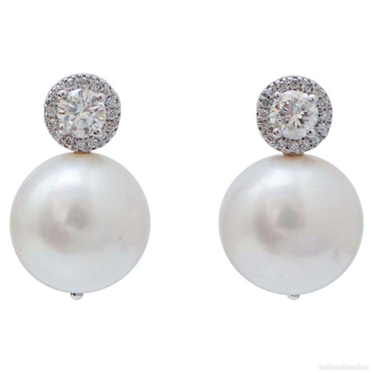 Joyeria: Pendientes de perlas blancas, diamantes y oro blanco - Foto 1