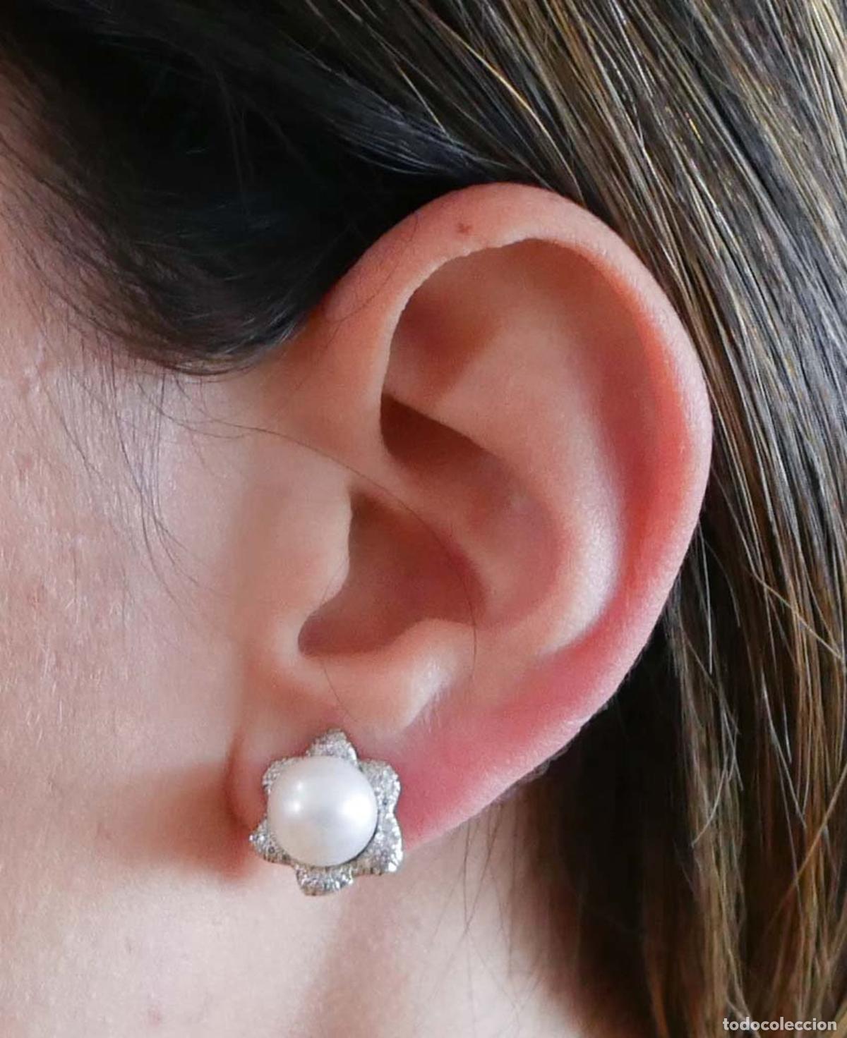 Joyeria: Perlas, Diamantes, Pendientes Flor Oro Blanco - Foto 4