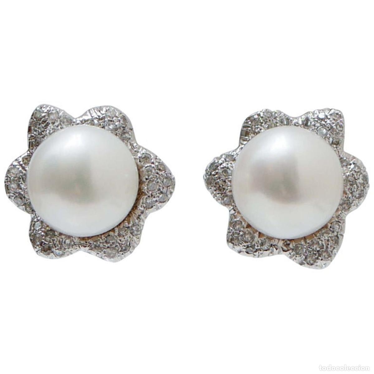 Joyeria: Perlas, Diamantes, Pendientes Flor Oro Blanco - Foto 1