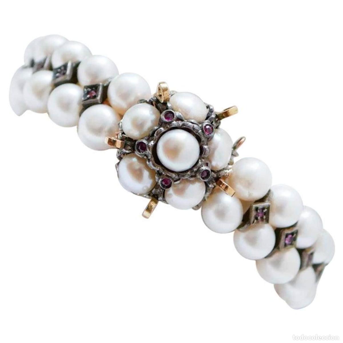 Joyeria: Pulsera de perlas, rub&iacute;es, granates, oro rosa y plata - Foto 1