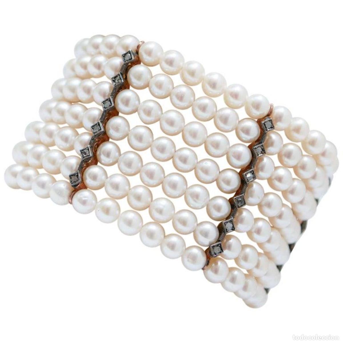 Joyeria: Pulsera de perlas, diamantes, oro rosa y plata - Foto 1