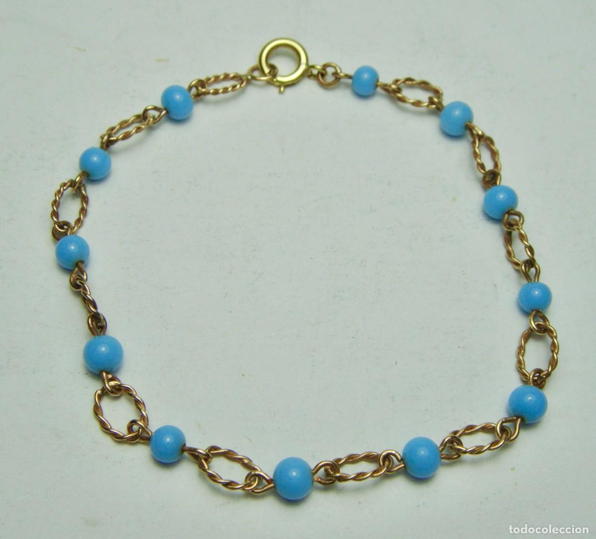 Joyeria: Pulsera de ORO de 18 k con cuentas azul turquesa - Foto 1
