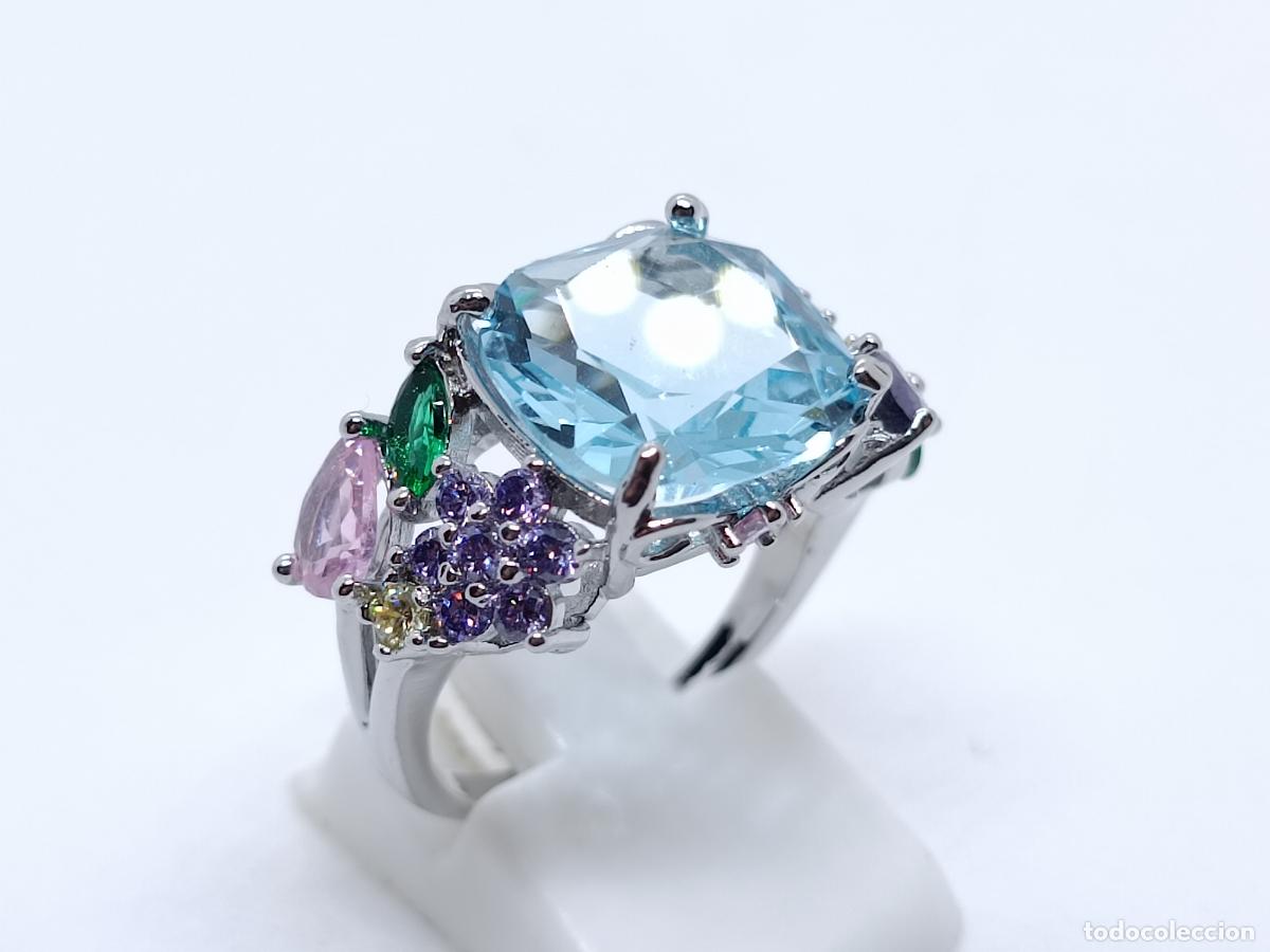 Joyeria: Excelente anillo con gran topacio creado engastado y piedras multicolor - Foto 4