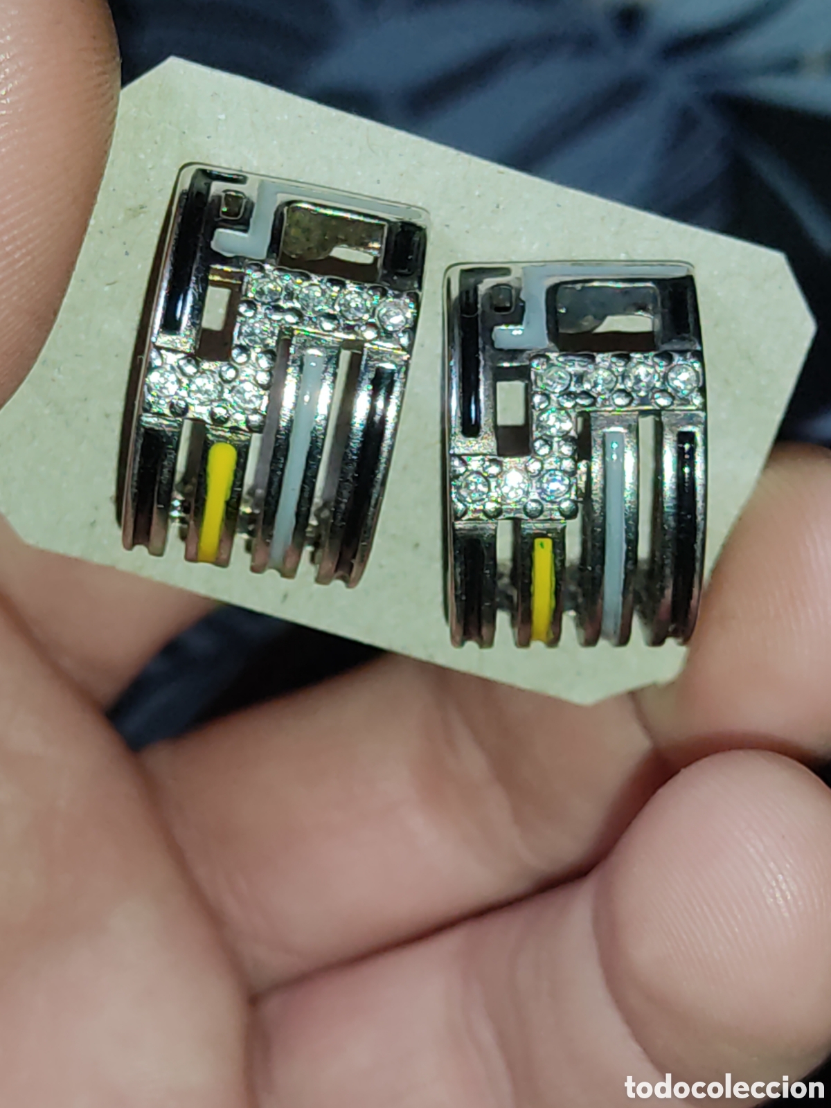 Joyeria: Pendientes con esmalte y circonitas de cristal.Vintage. - Foto 6