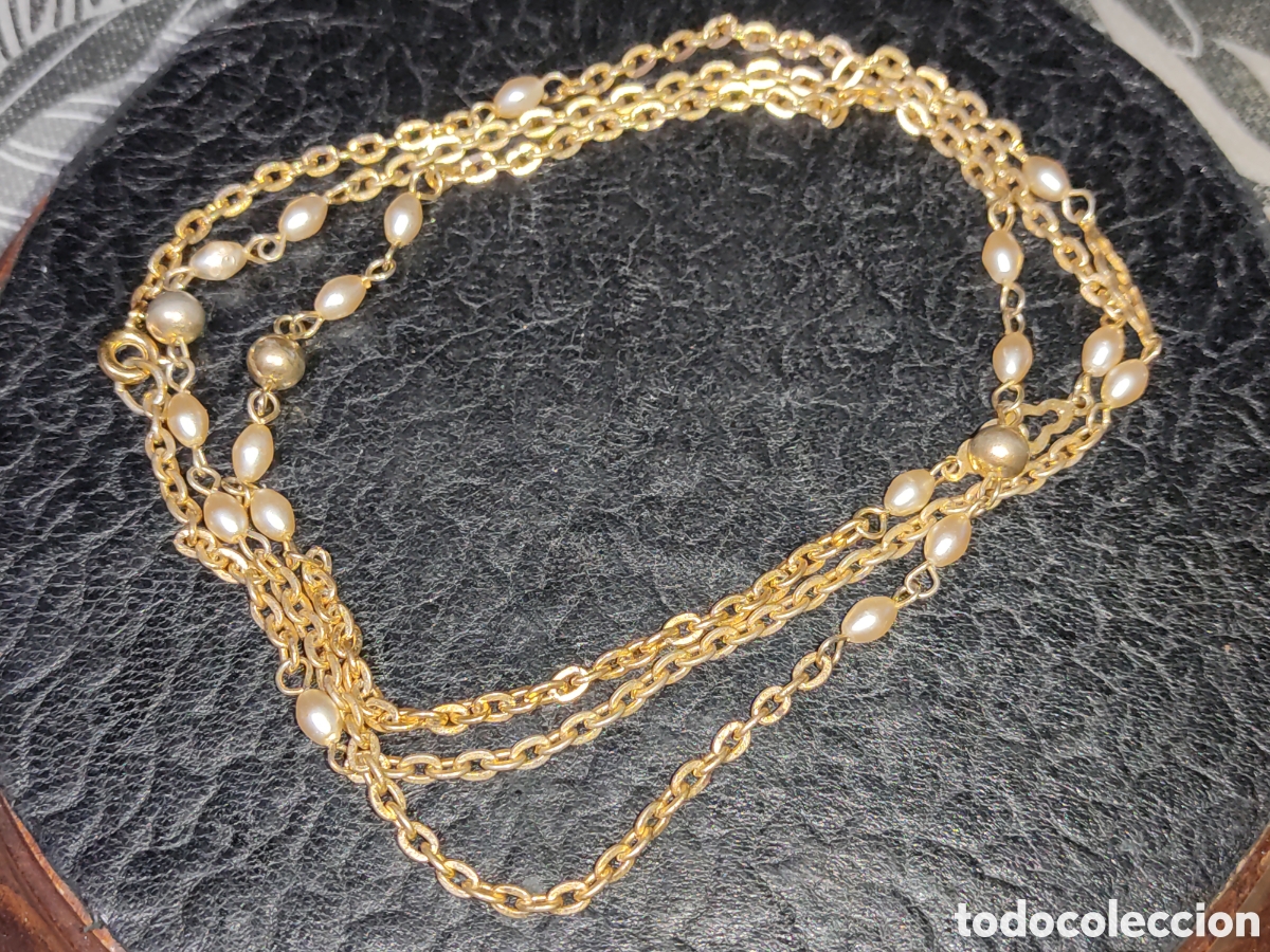 Joyeria: Collar dorado largo de cadena y perlas.Vintage - Foto 2