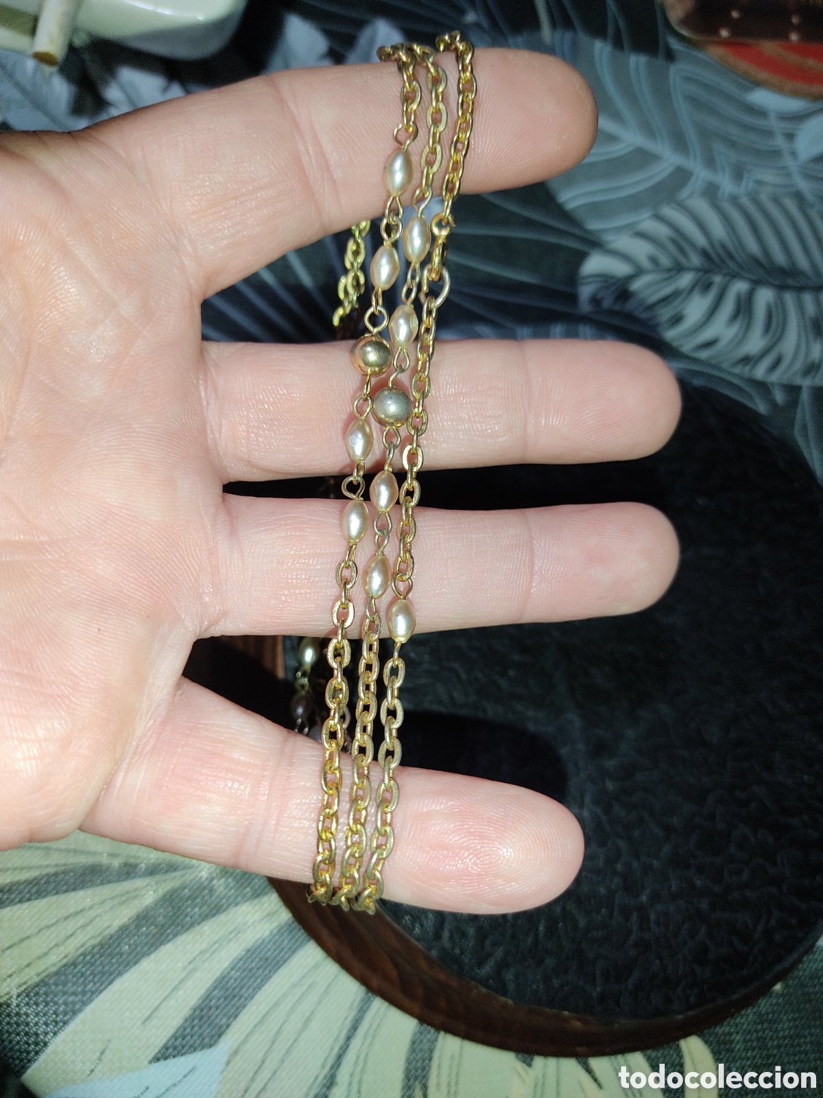 Joyeria: Collar dorado largo de cadena y perlas.Vintage - Foto 3