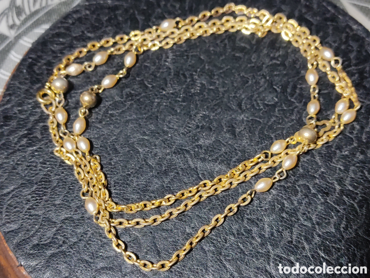 Joyeria: Collar dorado largo de cadena y perlas.Vintage - Foto 1