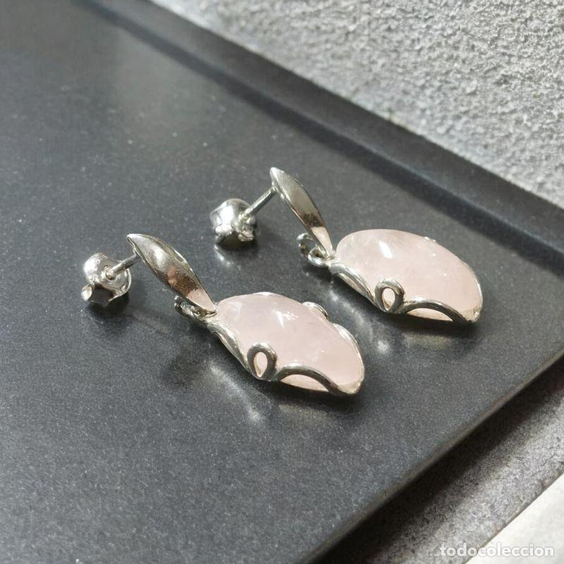 Joyeria: Par de Pendientes Cabujones de Cuarzo Rosa Plata - Foto 1