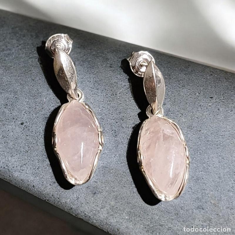 Joyeria: Par de Pendientes Cabujones de Cuarzo Rosa Plata - Foto 2