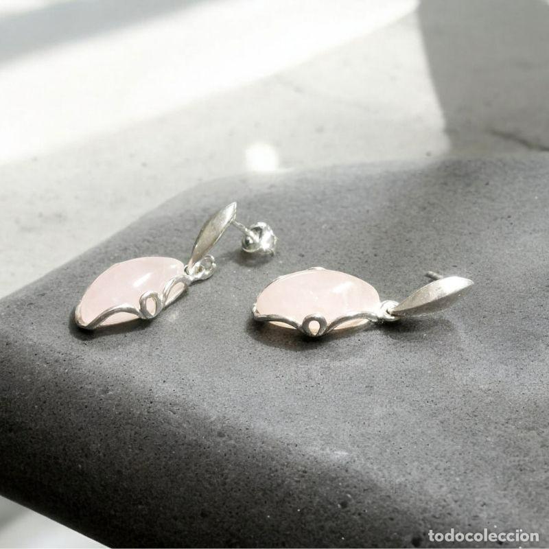 Joyeria: Par de Pendientes Cabujones de Cuarzo Rosa Plata - Foto 3