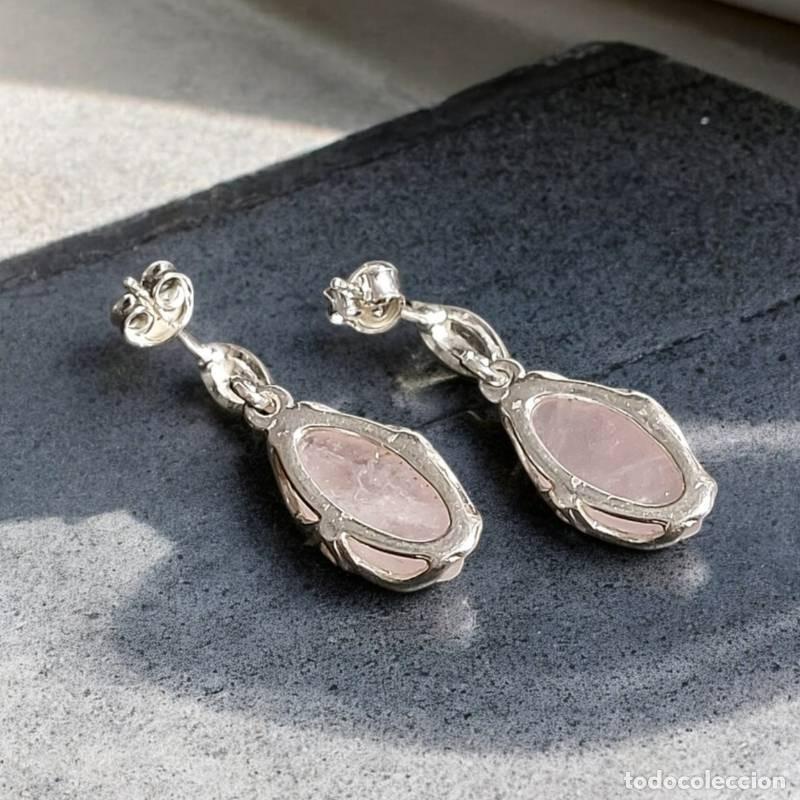 Joyeria: Par de Pendientes Cabujones de Cuarzo Rosa Plata - Foto 4