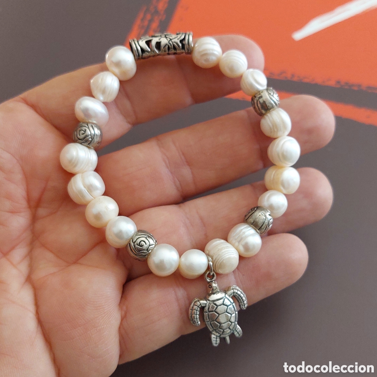 Joyeria: Pulsera El&aacute;stica con Perlas de R&iacute;o y Tortuga - Foto 3