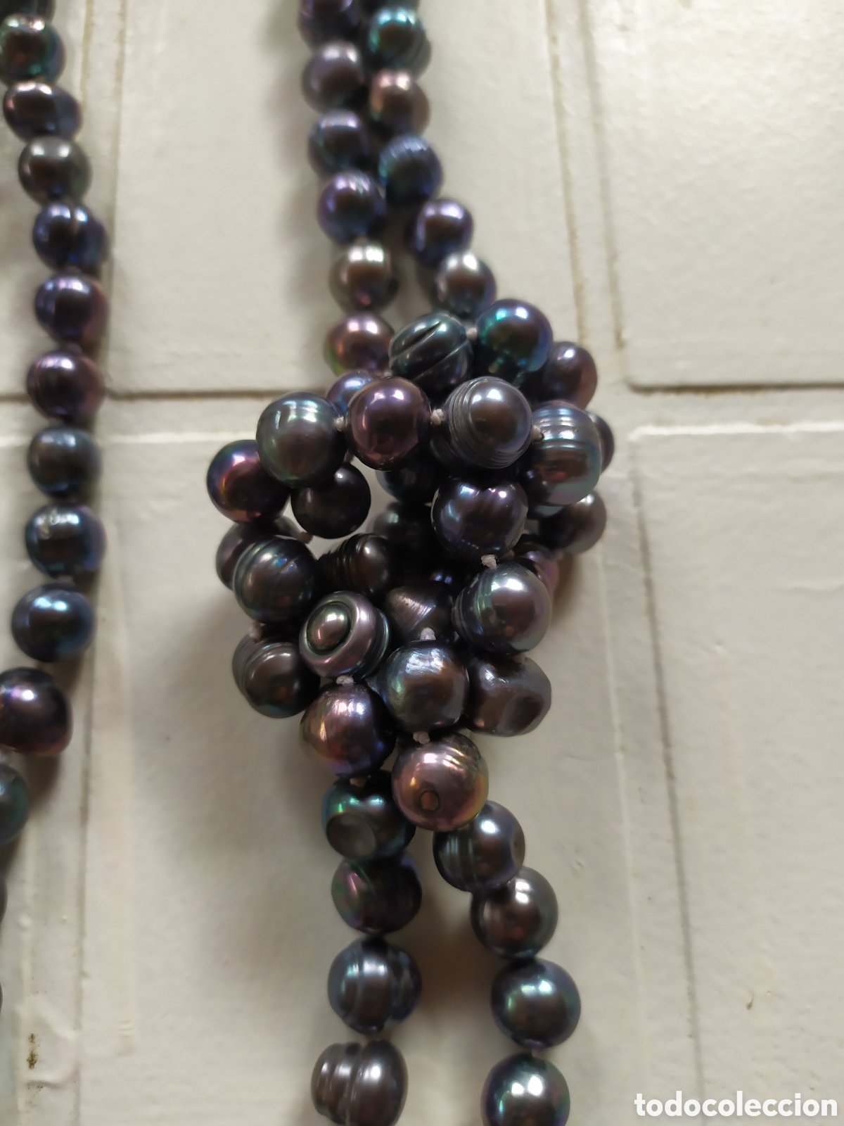 Joyeria: Collar de perlas de agua dulce negro-irisadas. 180 cm. - Foto 4