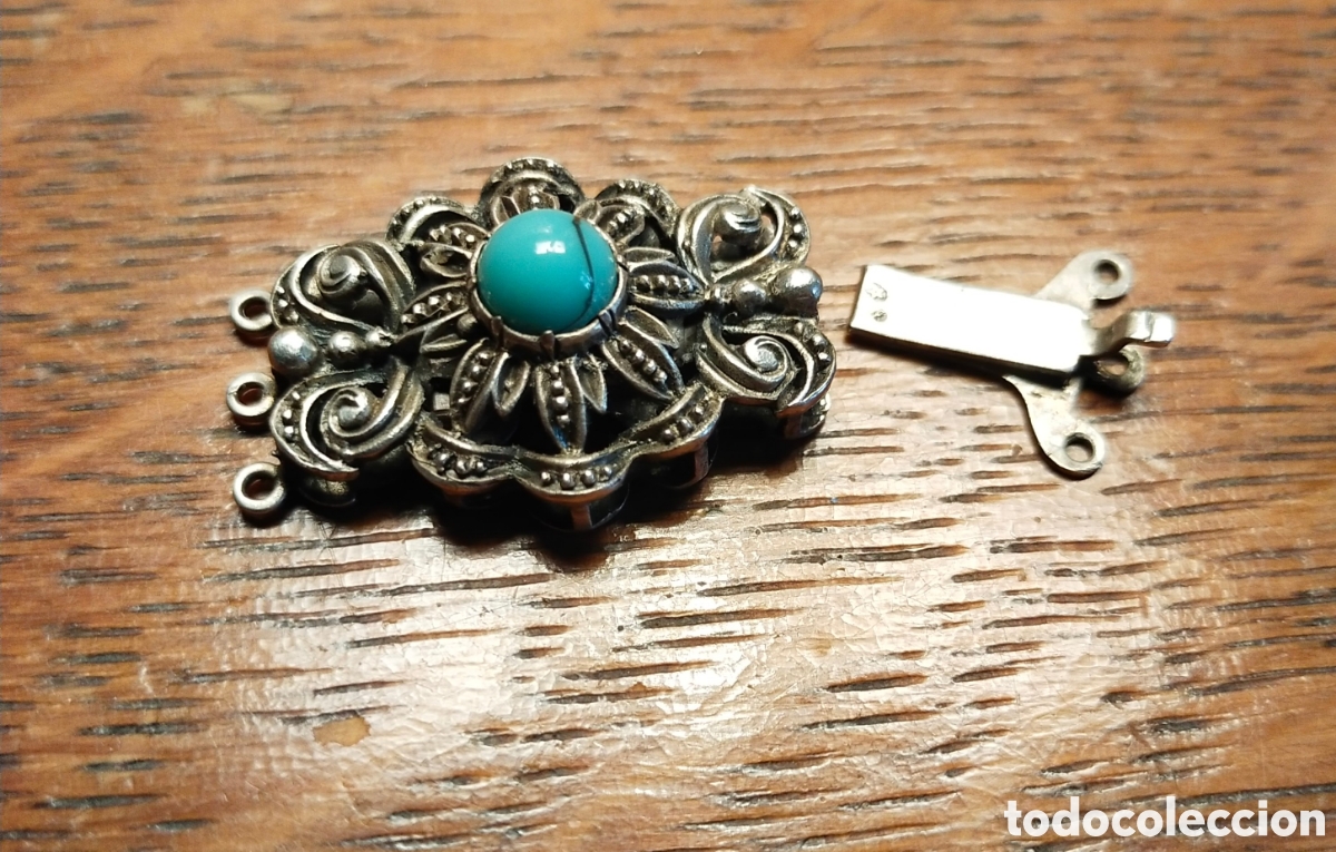Joyeria: Antiguo broche de collar o pulsera de plata con turquesa - Foto 2