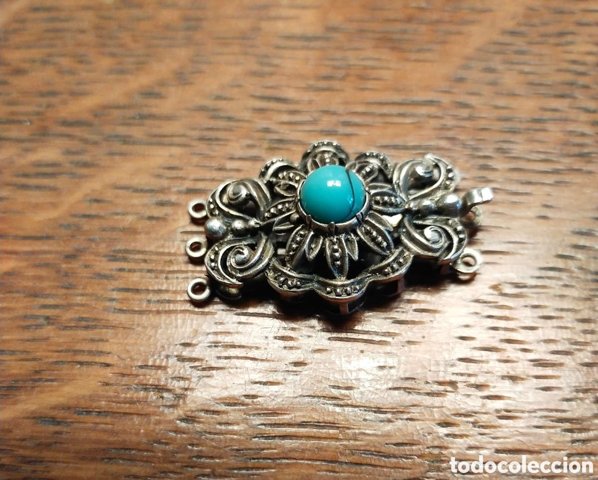 Joyeria: Antiguo broche de collar o pulsera de plata con turquesa - Foto 1