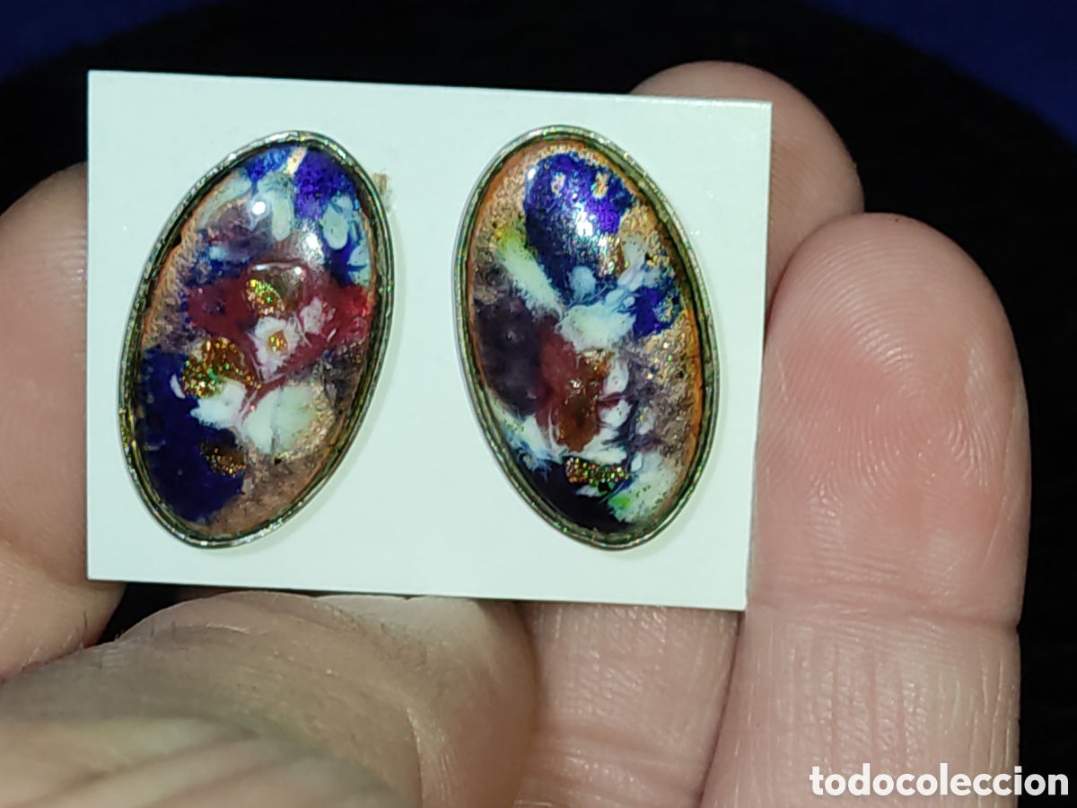 Joyeria: Antiguos pendientes de esmalte sobre cobre. - Foto 1