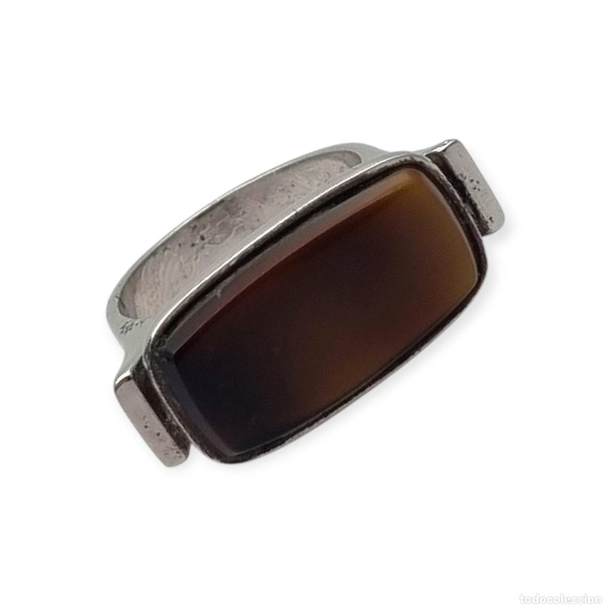 Joyeria: Anillo Vintage de Plata en 915 con Cabuj&oacute;n Rectangular Marr&oacute;n, ca. 1980s - Foto 2