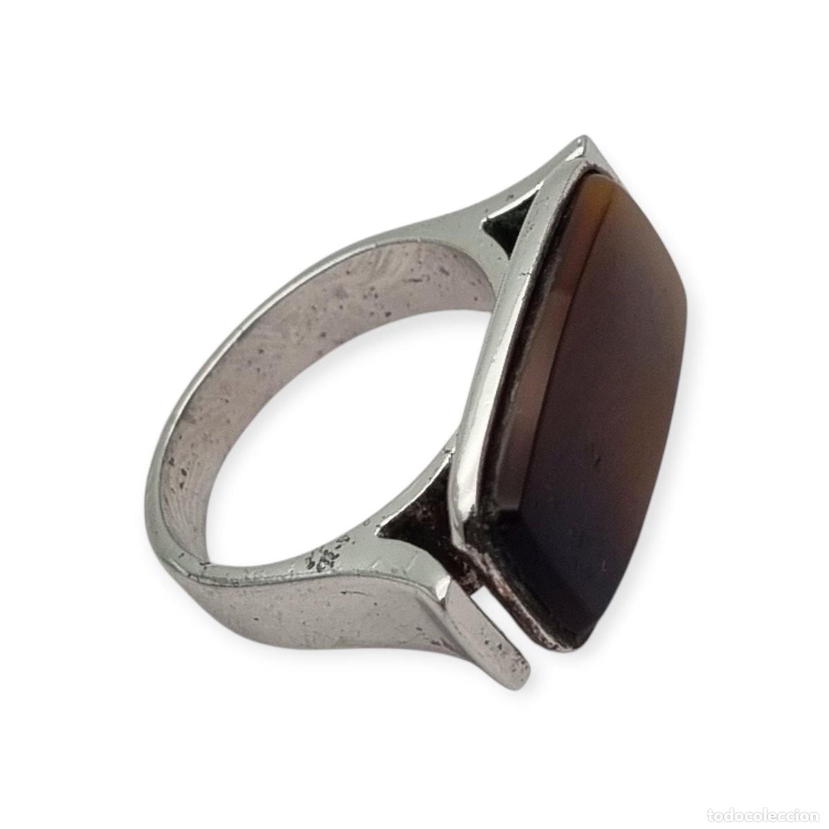 Joyeria: Anillo Vintage de Plata en 915 con Cabuj&oacute;n Rectangular Marr&oacute;n, ca. 1980s - Foto 3