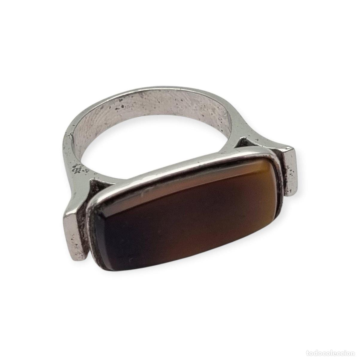 Joyeria: Anillo Vintage de Plata en 915 con Cabuj&oacute;n Rectangular Marr&oacute;n, ca. 1980s - Foto 4