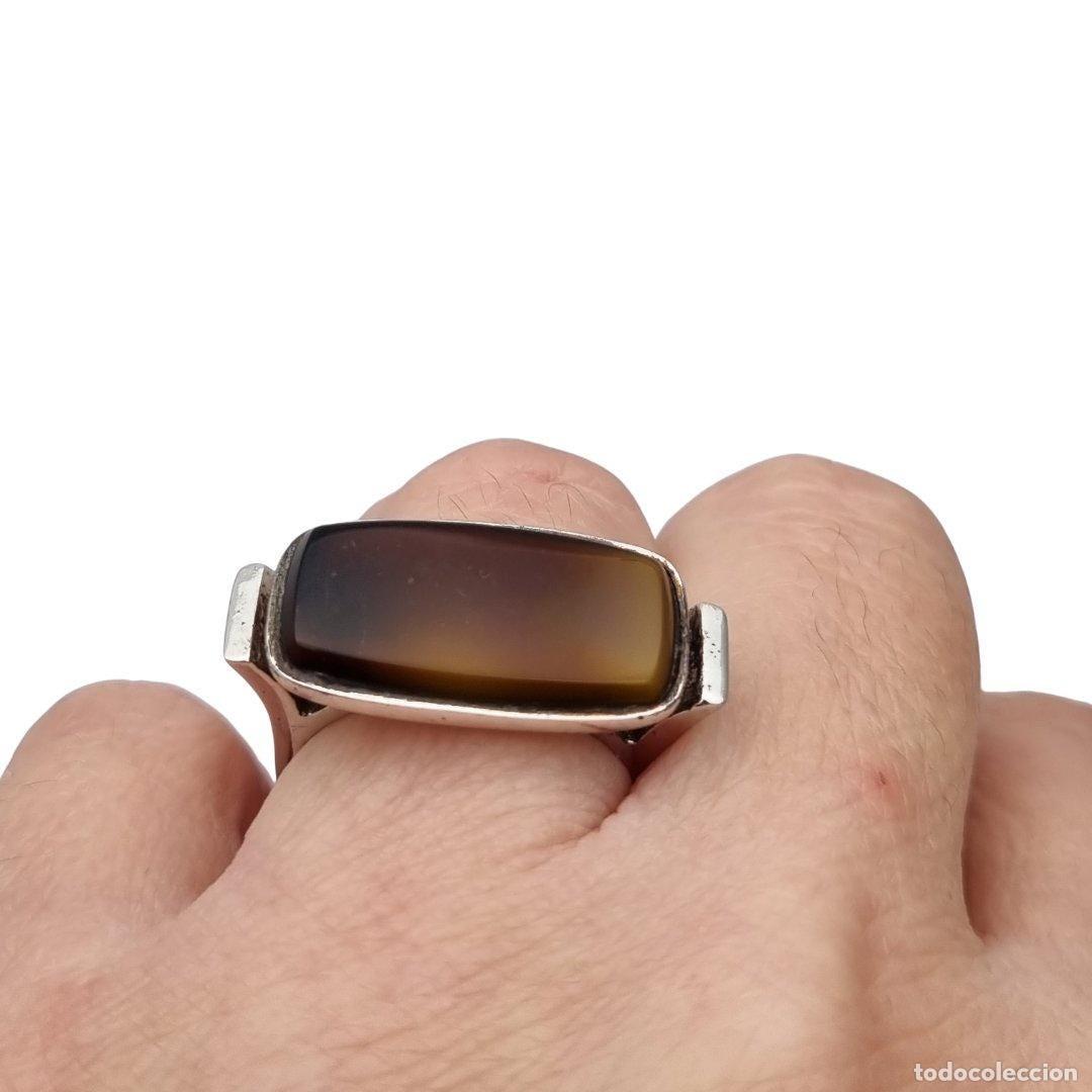 Joyeria: Anillo Vintage de Plata en 915 con Cabuj&oacute;n Rectangular Marr&oacute;n, ca. 1980s - Foto 5