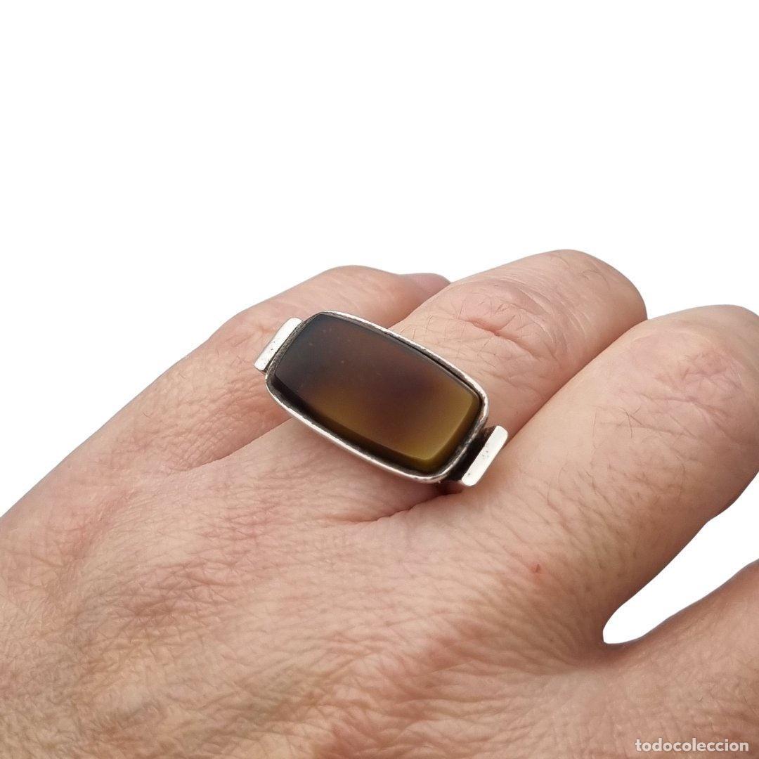 Joyeria: Anillo Vintage de Plata en 915 con Cabuj&oacute;n Rectangular Marr&oacute;n, ca. 1980s - Foto 6