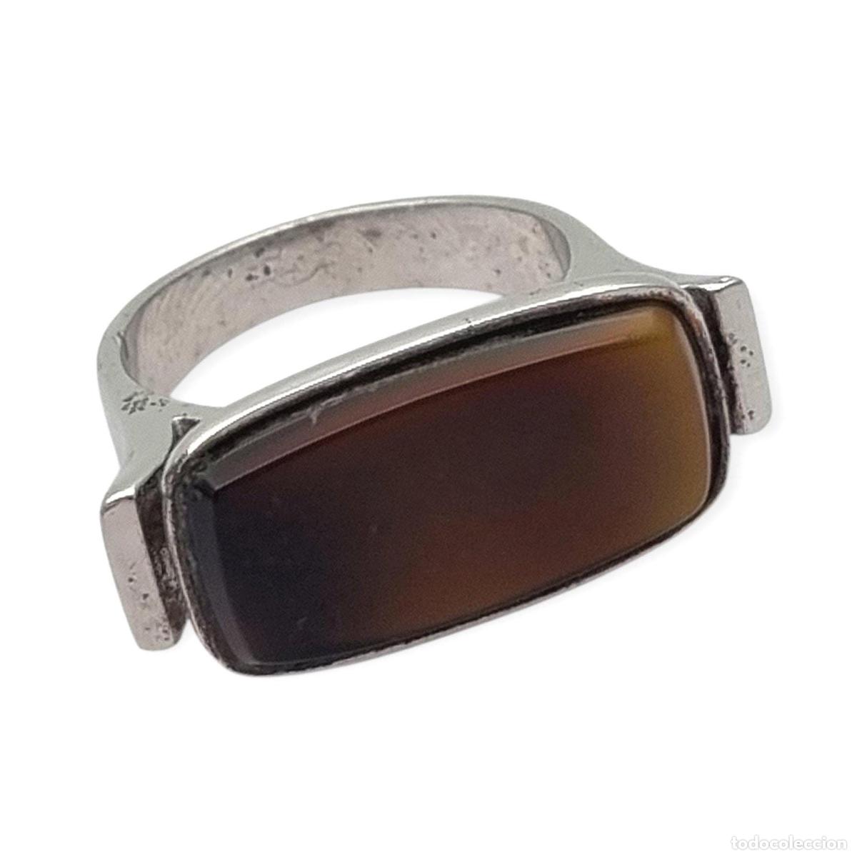 Joyeria: Anillo Vintage de Plata en 915 con Cabuj&oacute;n Rectangular Marr&oacute;n, ca. 1980s - Foto 1