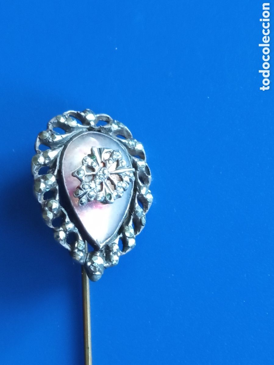 Joyeria: Antiguo alfiler de solapa de plata y marquesitas - Foto 2