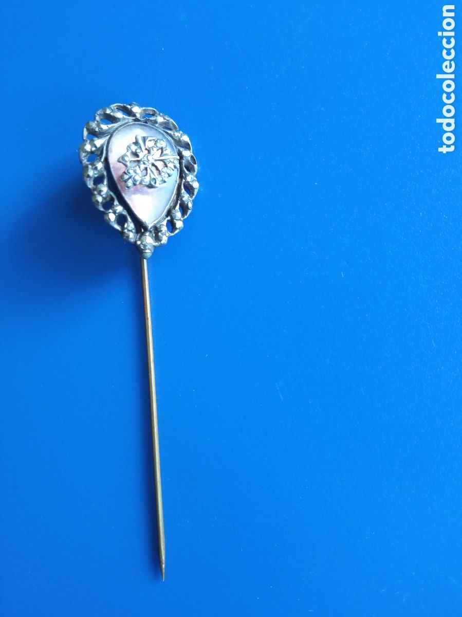 Joyeria: Antiguo alfiler de solapa de plata y marquesitas - Foto 1