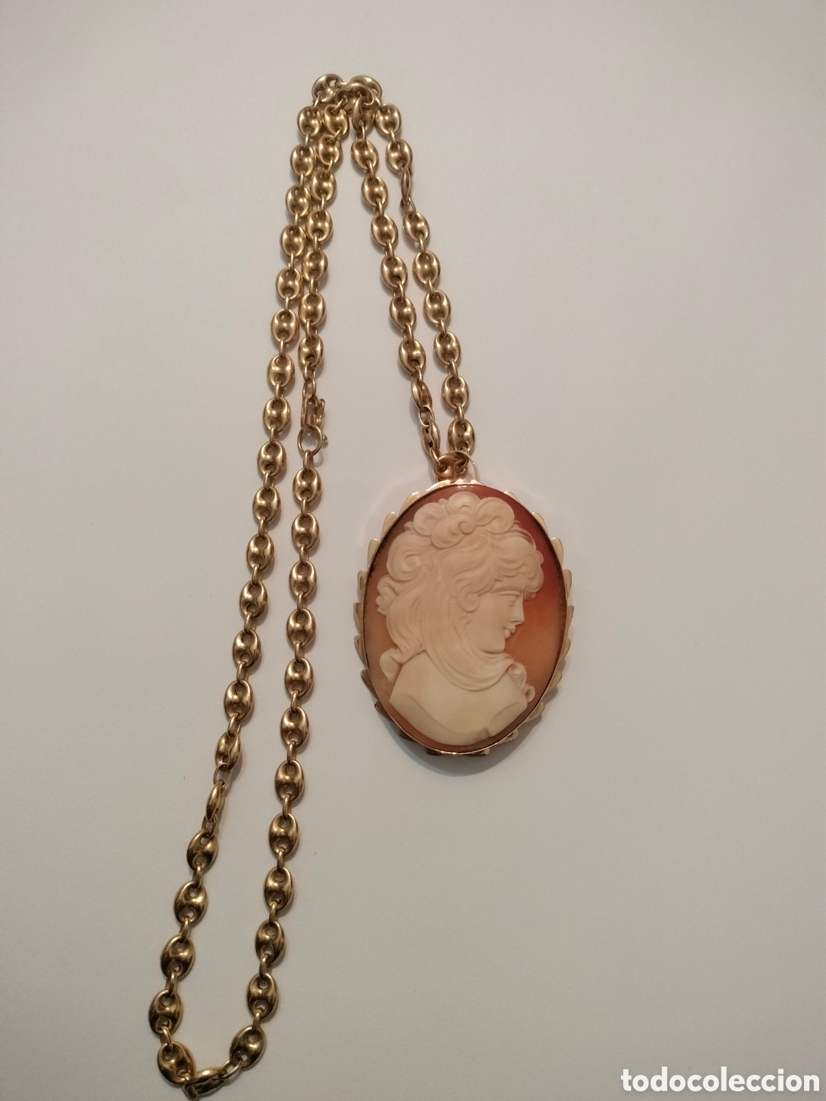 Jewelry: Grande camafeo coral o concha con cadena de oro 18kt