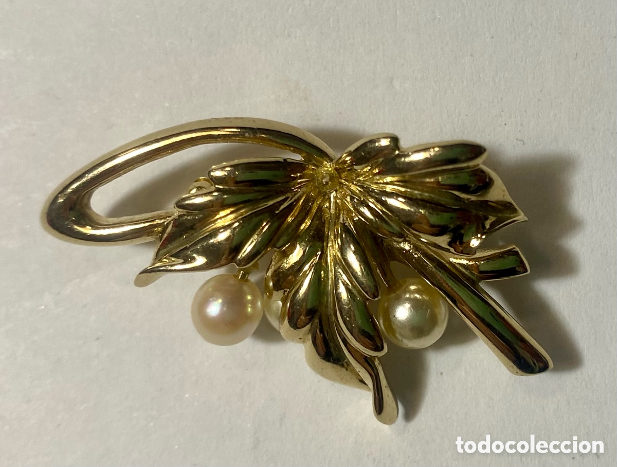 Joyeria: Broche de metal dorado forma de hoja y perlas - Foto 2