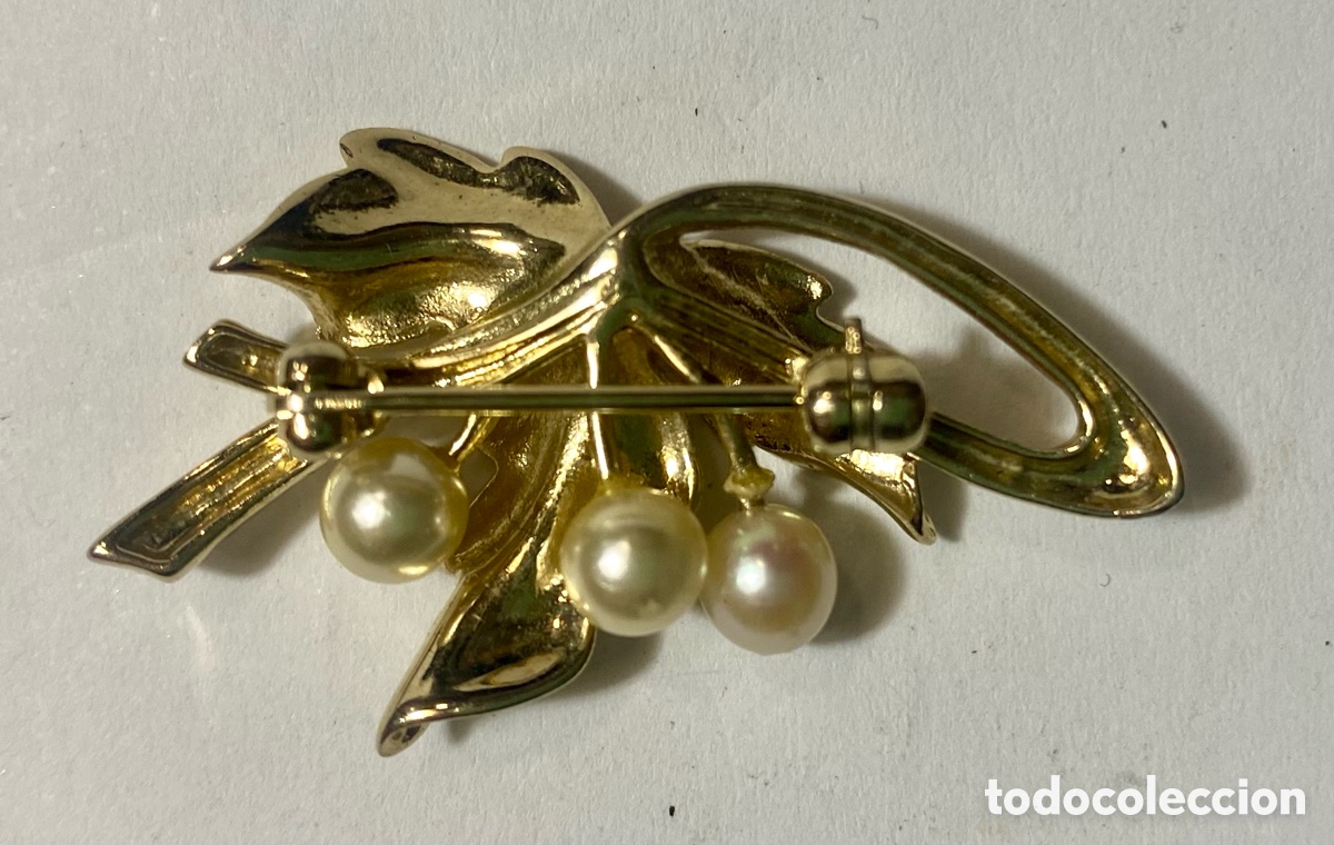 Joyeria: Broche de metal dorado forma de hoja y perlas - Foto 3