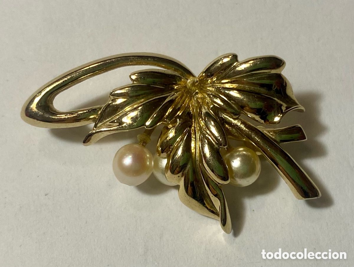 Joyeria: Broche de metal dorado forma de hoja y perlas - Foto 1