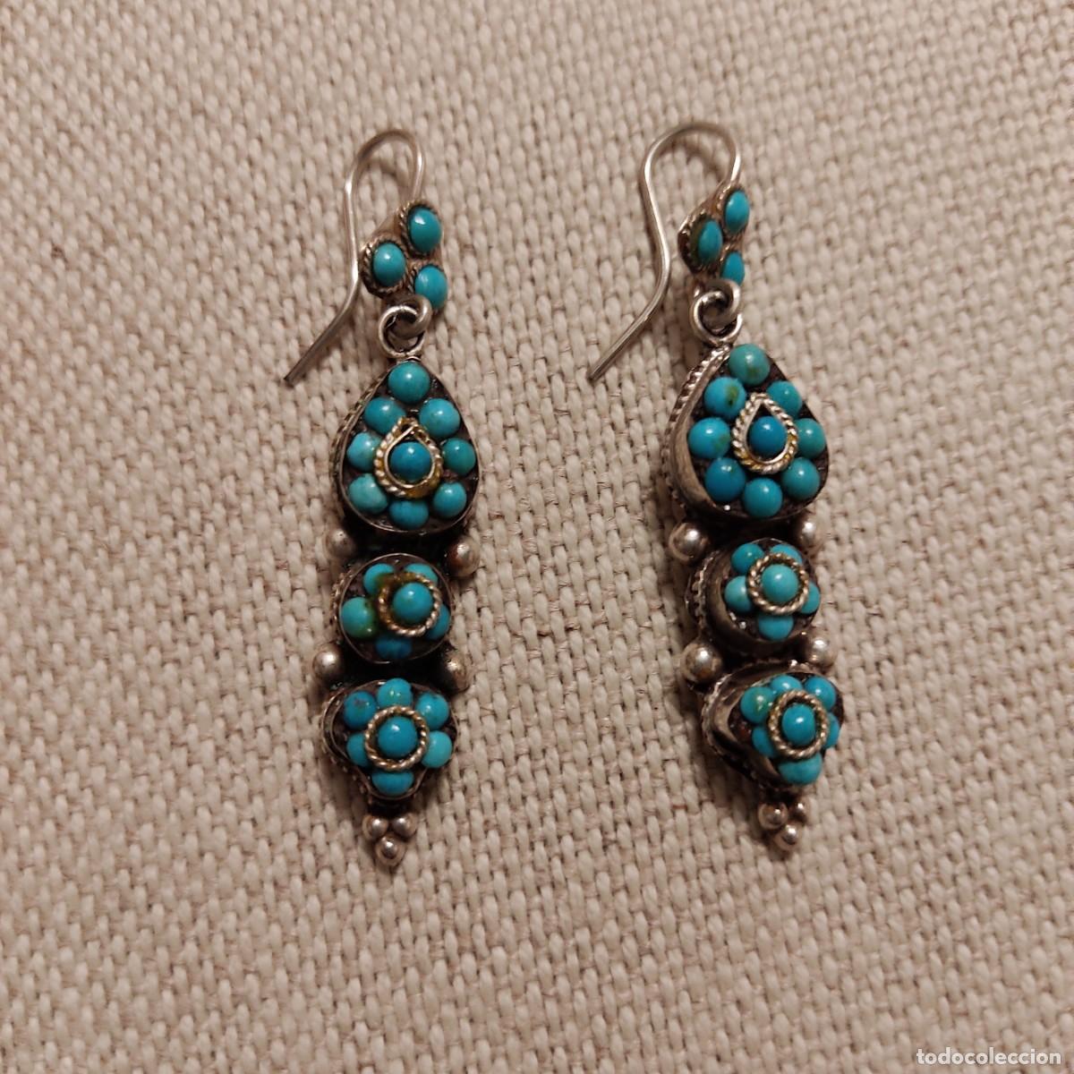 Joyeria: Pendientes de plata con incrustaciones de turquesas. - Foto 1