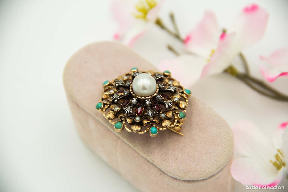 Joyeria: Broche de Oro de 19,2K con perla, turquesa y diamantes - Foto 2