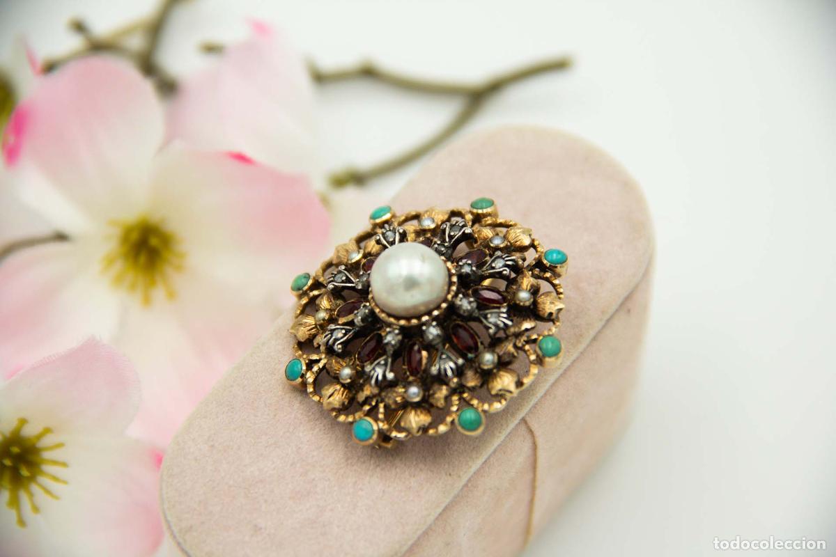 Joyeria: Broche de Oro de 19,2K con perla, turquesa y diamantes - Foto 3