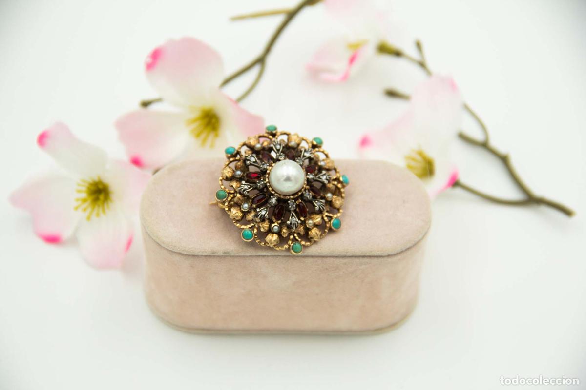 Joyeria: Broche de Oro de 19,2K con perla, turquesa y diamantes - Foto 1