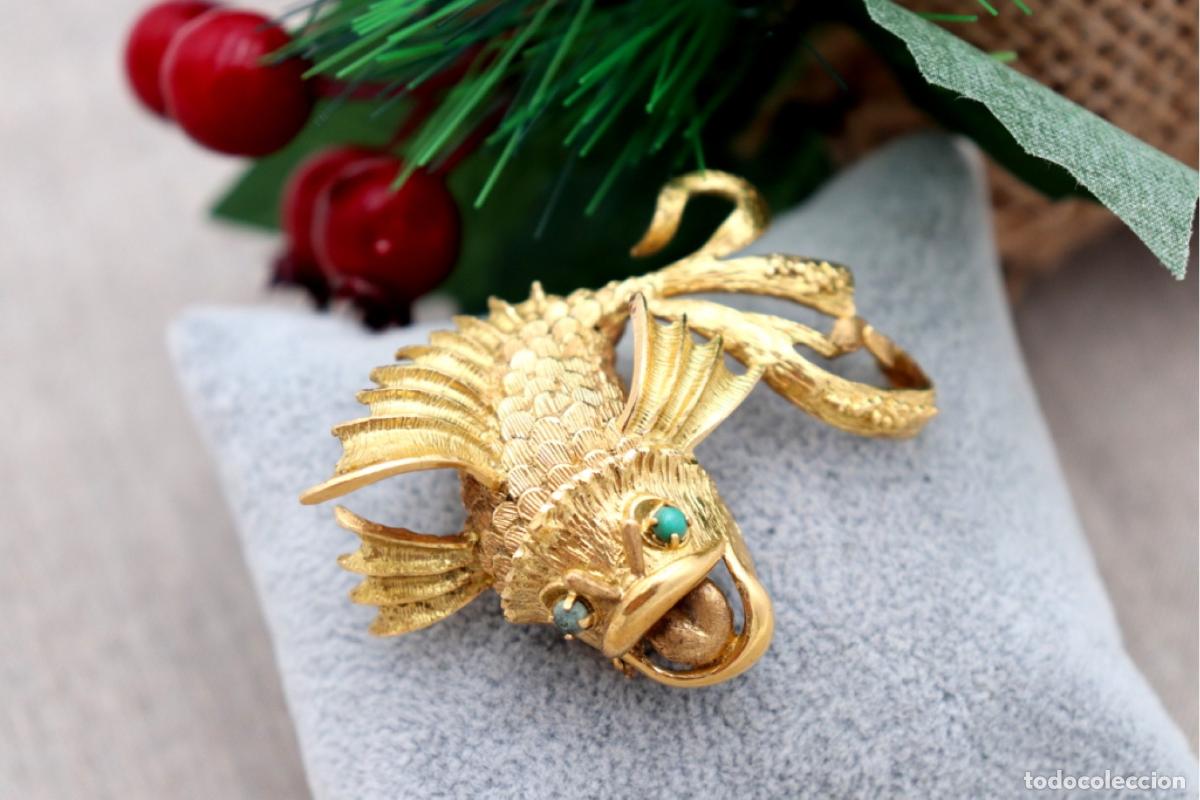 Joyeria: Broche de oro de 19,2 quilates con turquesa - Pez - Foto 9